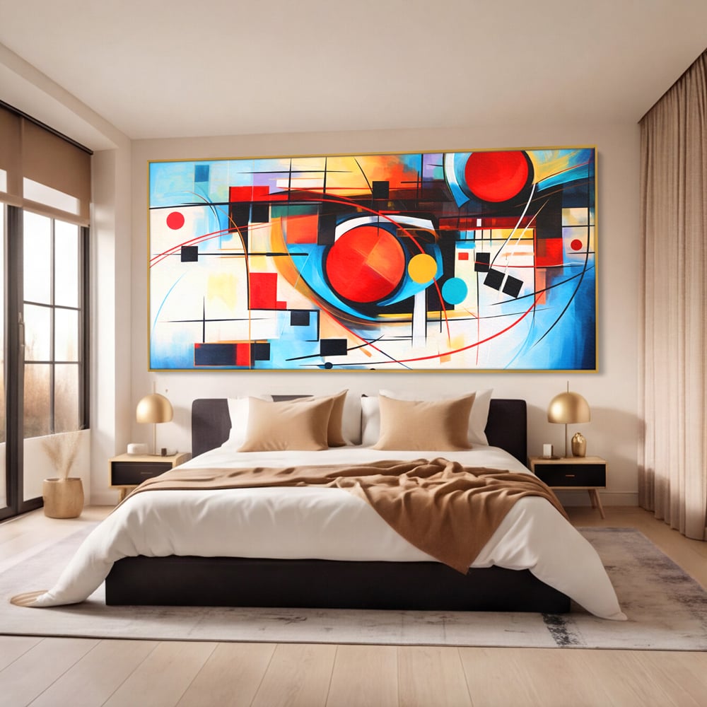 Tablou canvas cu pictura abstracta cu cercuri si linii, in rama de aluminiu auriu, pe perete intr-un dormitor